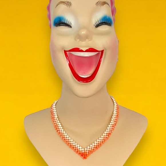 Vintage Jewelry - Peach and White Angel Skin Coral Ombre Round Beaded Woven V Necklace